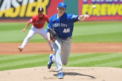 Jul 9, 2023; Cleveland, Ohio, USA; Kansas City Royals pitcher Ryan Yarbrough (48) throws a pitch during the first inning against the Cleveland Guardians at Progressive Field. Mandatory Credit: Ken Blaze-USA TODAY Sports