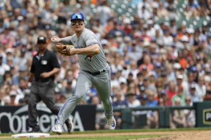 Jul 9, 2023; Detroit, Michigan, USA;  Toronto Blue Jays third baseman Matt Chapman (26) makes a throw to first for an out in the second inning against the Detroit Tigers at Comerica Park. Mandatory Credit: Rick Osentoski-USA TODAY Sports