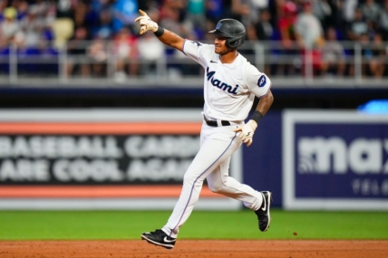 Jul 9, 2023; Miami, Florida, USA; Miami Marlins right fielder Dane Myers (54) runs the bases after hitting a home run against the Philadelphia Phillies during the third inning at loanDepot Park. Mandatory Credit: Rich Storry-USA TODAY Sports
